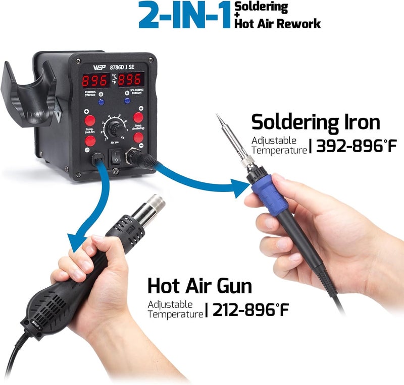 WeP 8786D-I SE Hot Air Soldering Iron Station Kit 2-IN-1 for Rework, Desoldering with Lead-Free Solder Wire, 5 Soldering Tips, 3 Hot Air Nozzles,Tweezers, Desoldering Pump - Image 2
